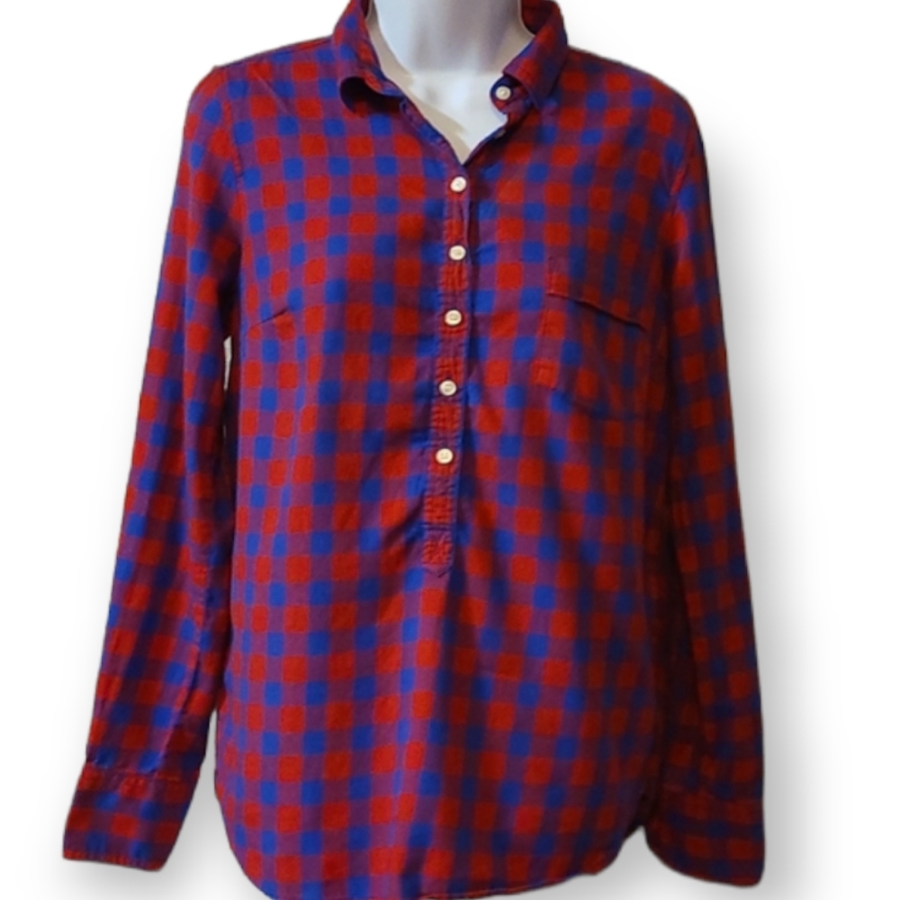 J. Crew woman's red and blue plaid flannel shirt.